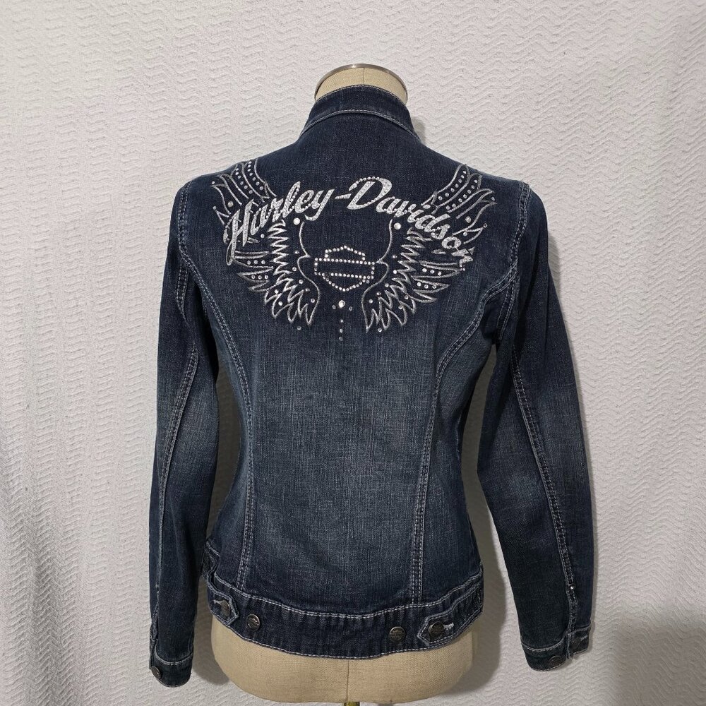 Harley Davidson Blue Denim Women's Zip Jacket 4 pockets Rhinestones LOGO S